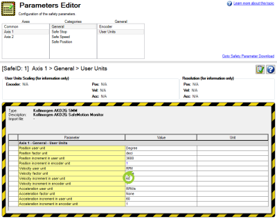 Parameters Editor with the Celocity increment in user unit value circled